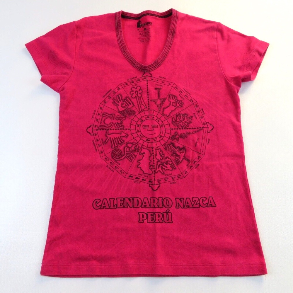 RUFYAR'S Calendario Nazca PERU V-neck fitted Tshirt top Size M